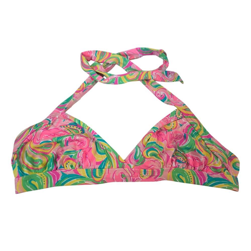 Vintage Lilly Pulitzer Small Triangle Bikini Top Pink Whimsical Green Tie Back